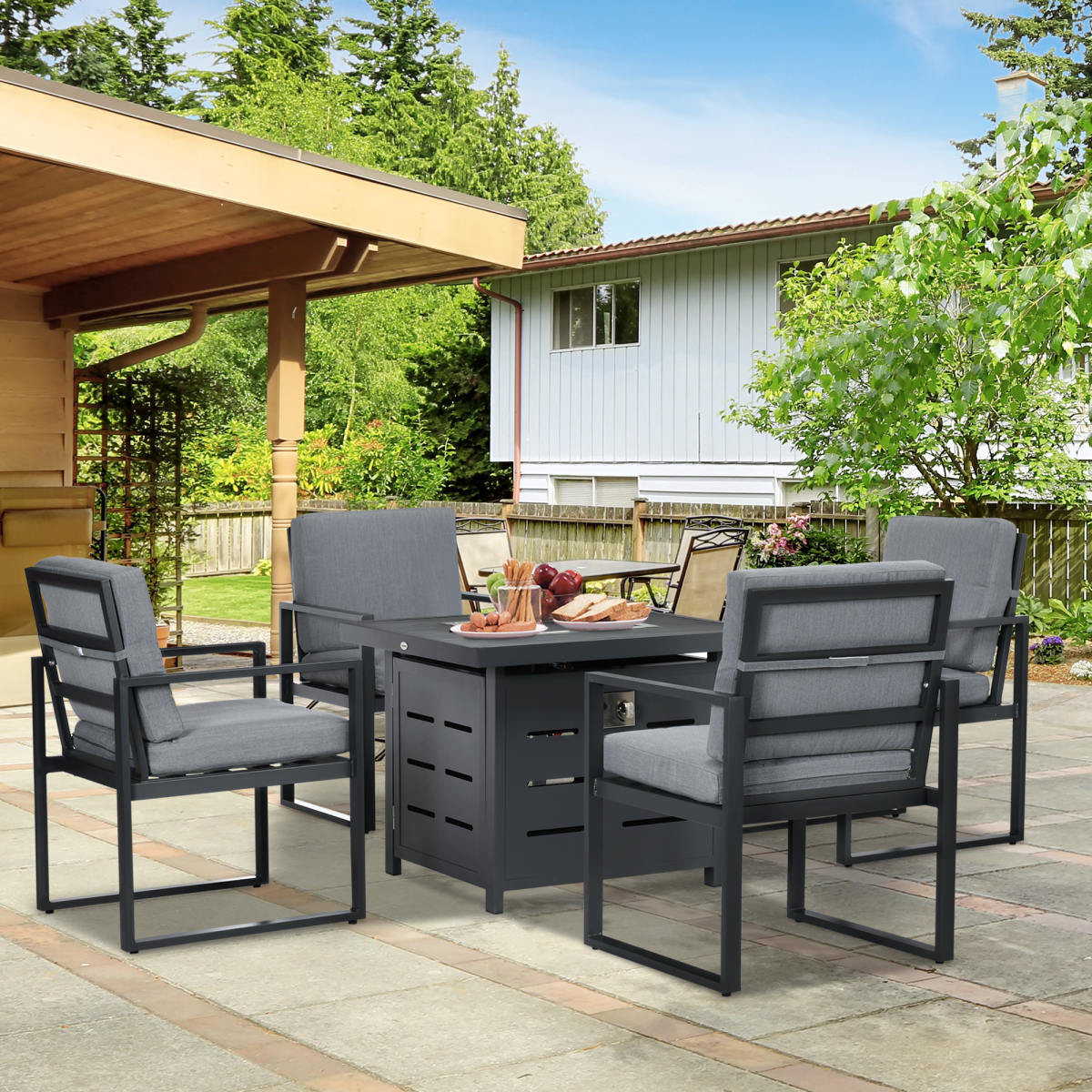 4 Seater Aluminum Garden Furniture Set with Gas Firepit Table, Gray