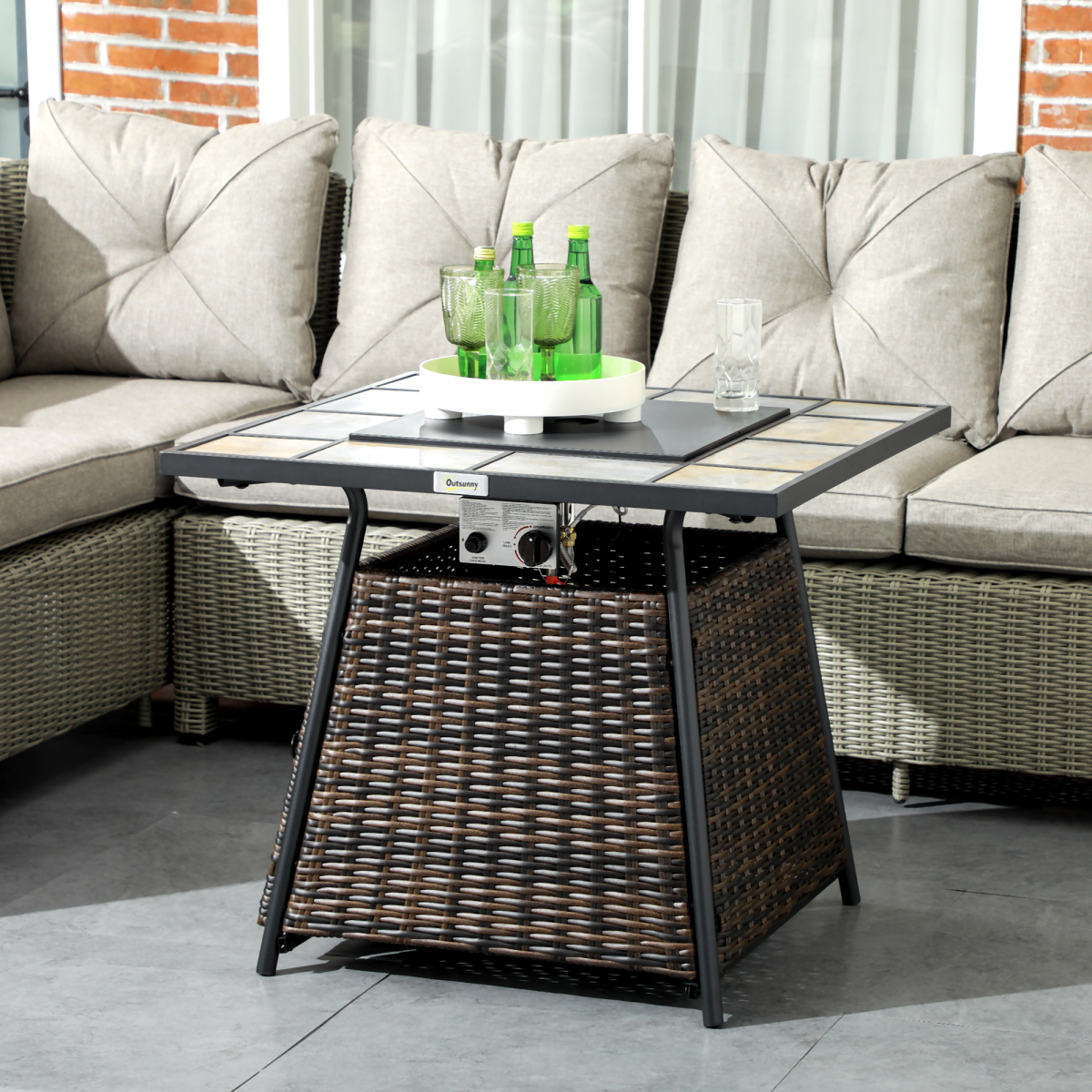Outsunny Rattan Fire Pit Square Patio Heater w/ Fire Control Panel for Outdoor