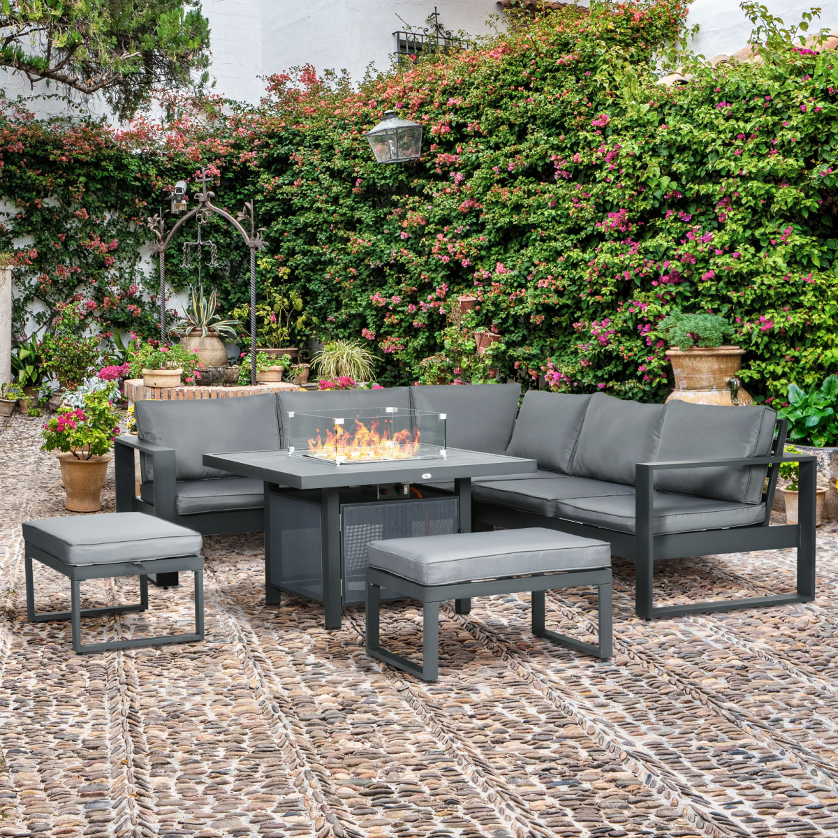 Outsunny 6-Piece Garden Furniture Set with Firepit Table Outdoor Sofa Aluminum