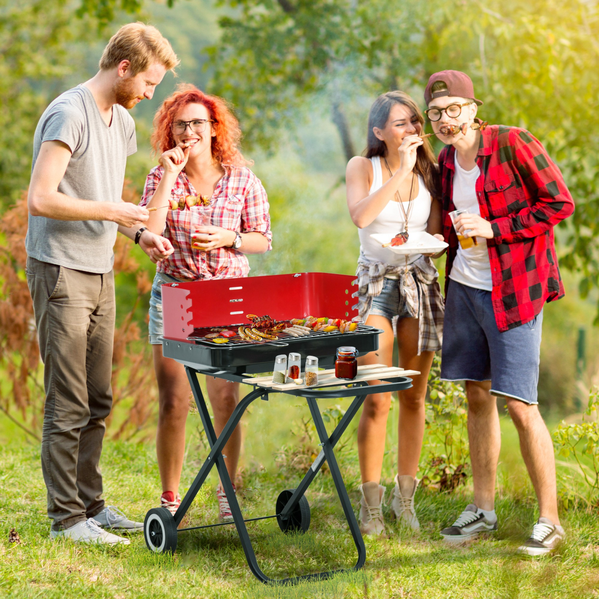 Foldable Charcoal Barbecue Grill W/ Wheels-Red & Black