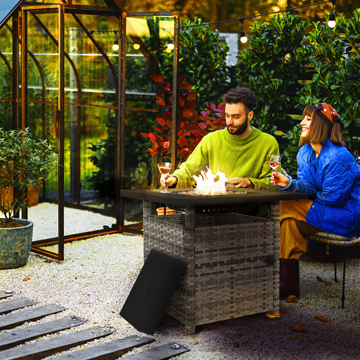 Outsunny 50,000 BTU Rattan Fire Pits for Garden, Propane Fire Pit Table, Gray