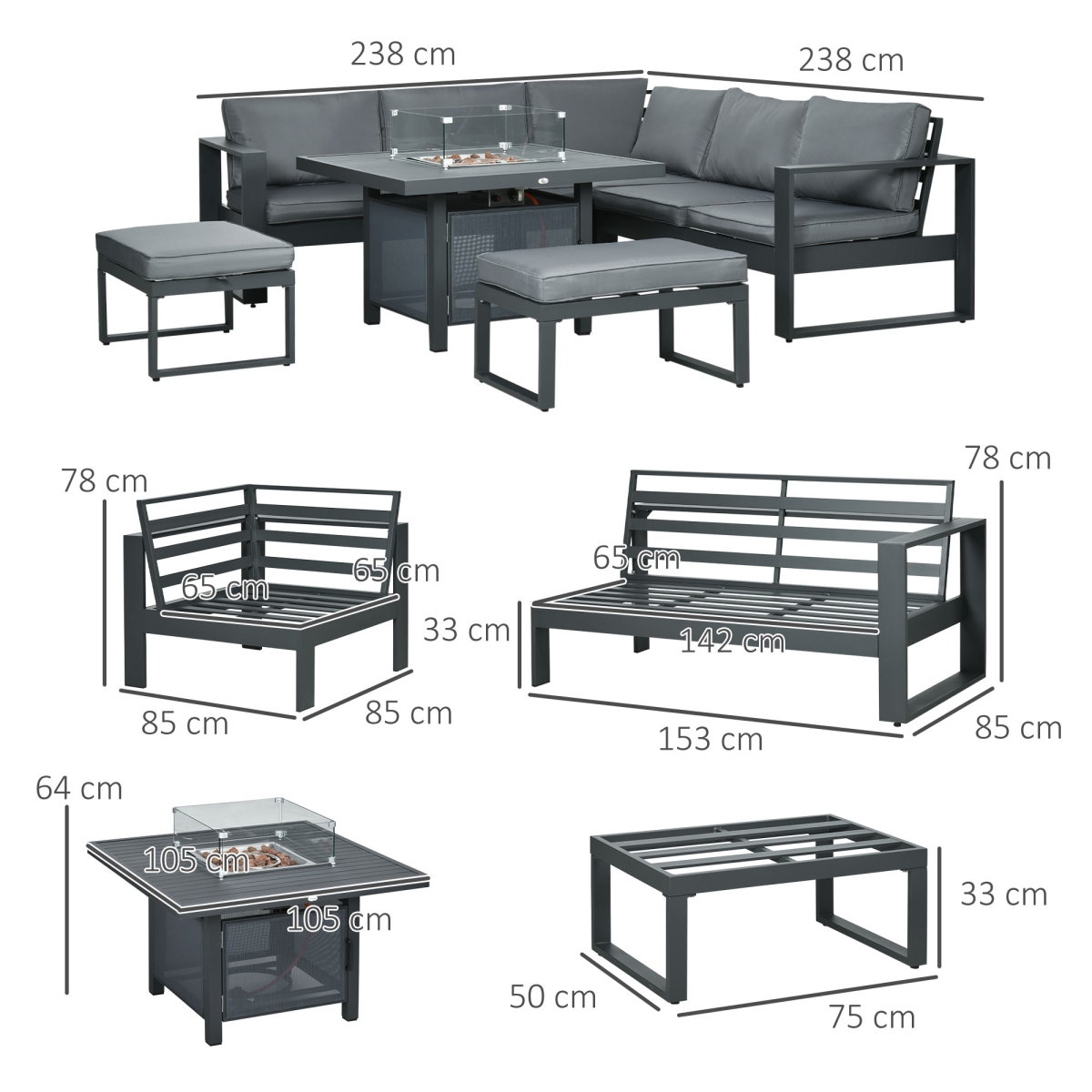 Outsunny 6-Piece Garden Furniture Set with Firepit Table Outdoor Sofa Aluminum