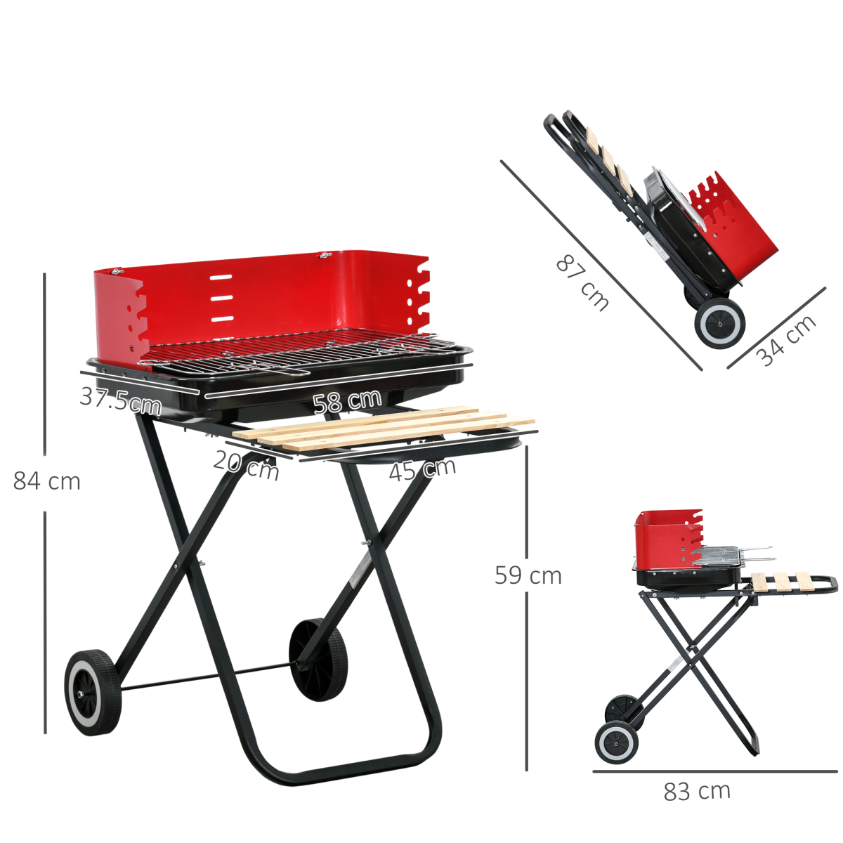 Foldable Charcoal Barbecue Grill W/ Wheels-Red & Black