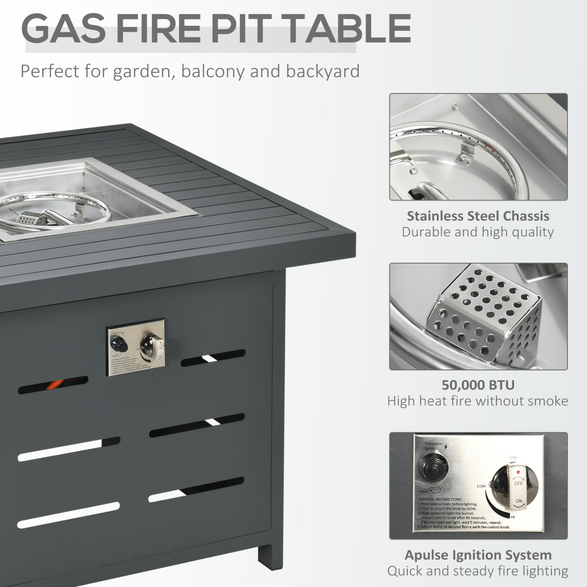 4 Seater Aluminum Garden Furniture Set with Gas Firepit Table, Gray