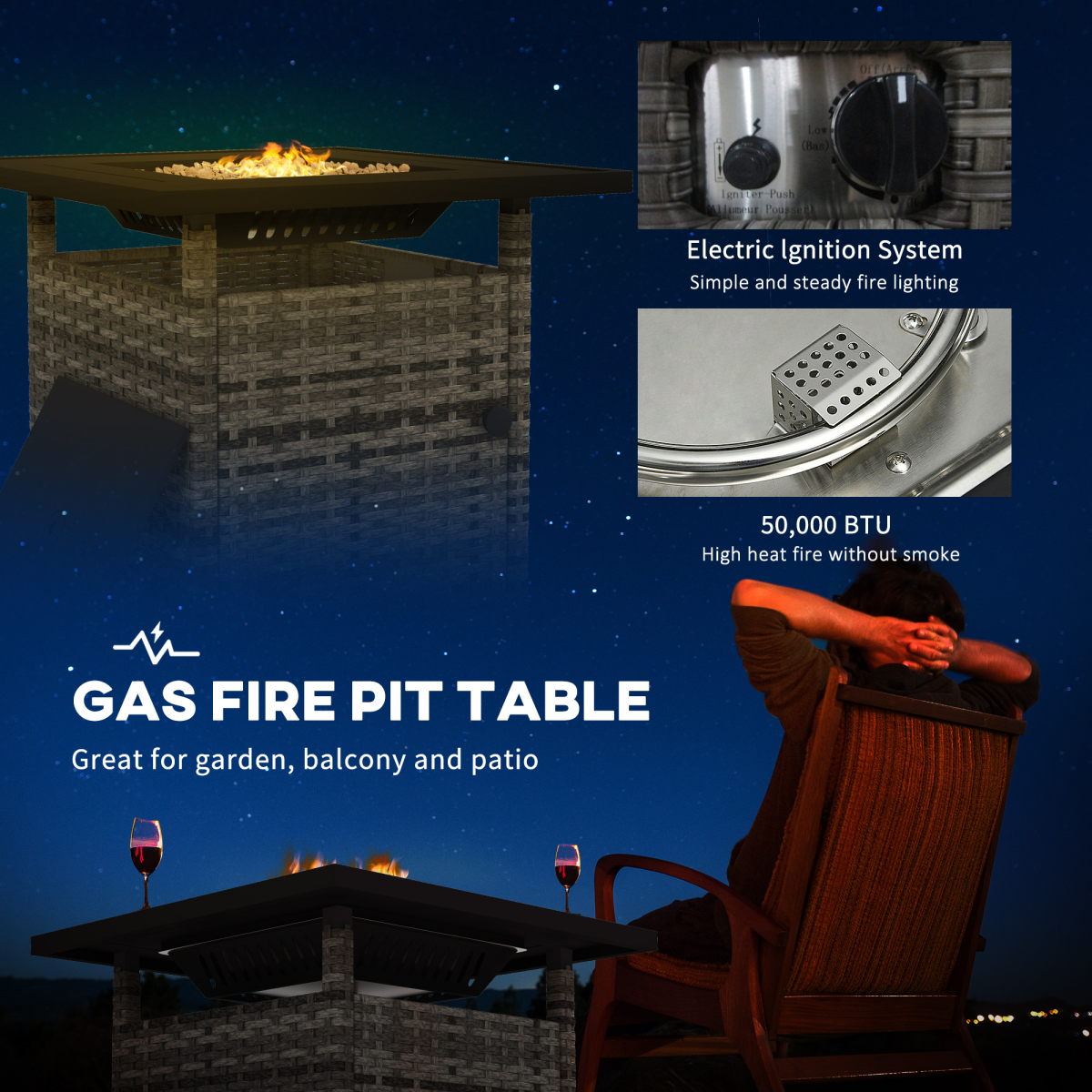 Outsunny 50,000 BTU Rattan Fire Pits for Garden, Propane Fire Pit Table, Gray