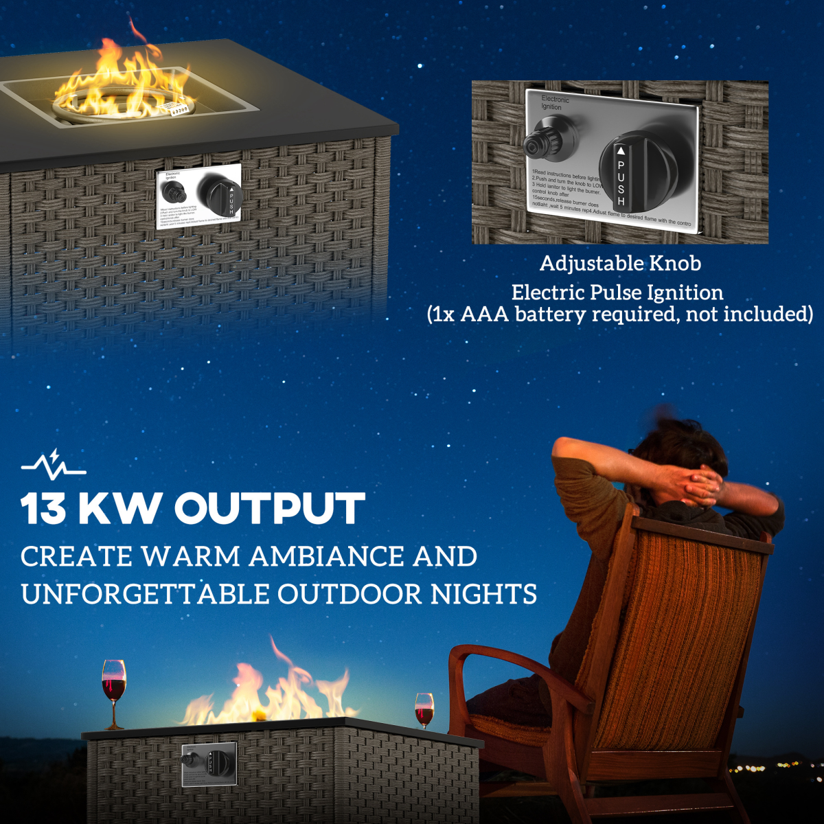Outsunny 13 KW Rattan Gas Fire Pit Table, Propane Fire Pit for Garden, Gray
