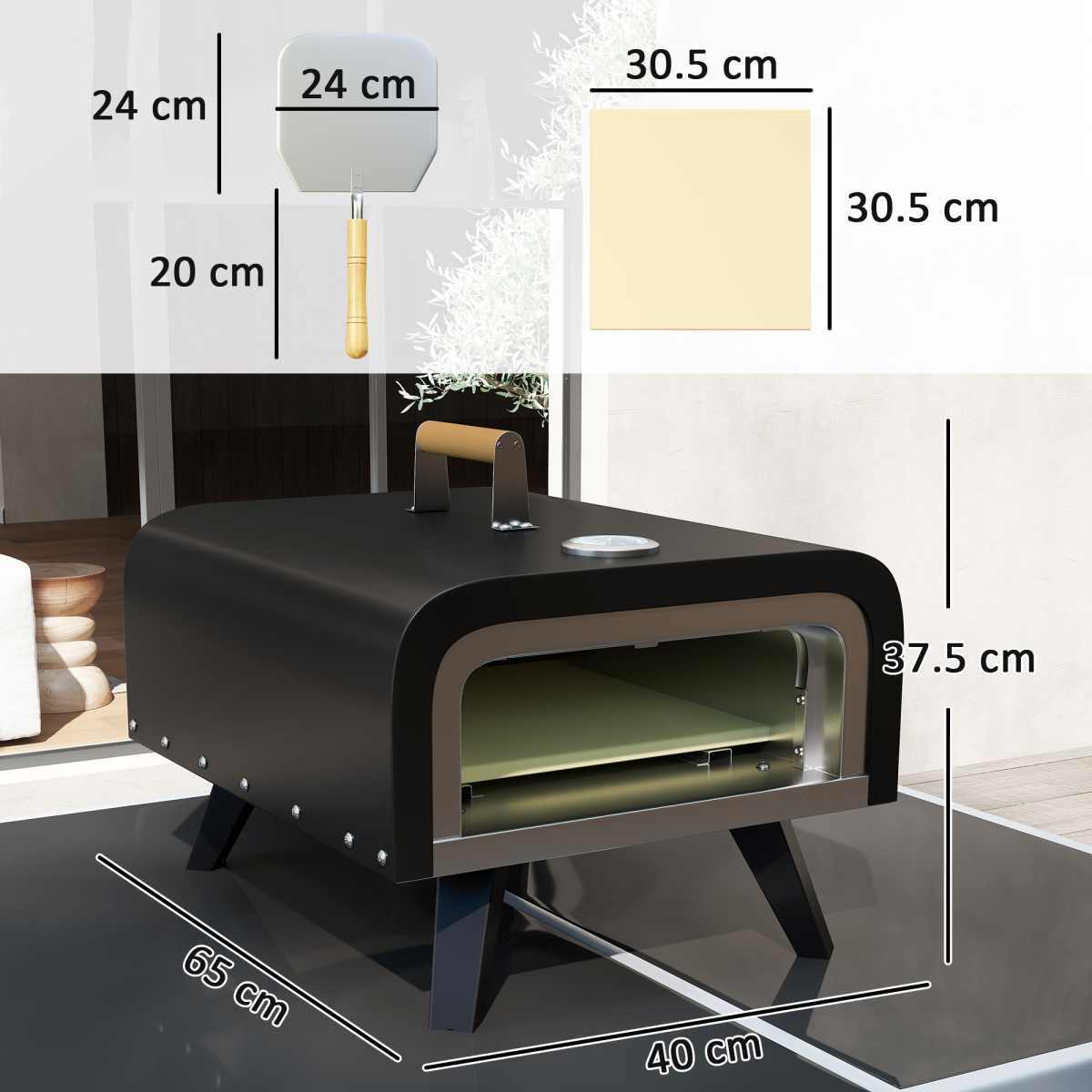 Outsunny Outdoor Tabletop Gas Pizza Oven with 12" Pizza Stone & Peel, Black
