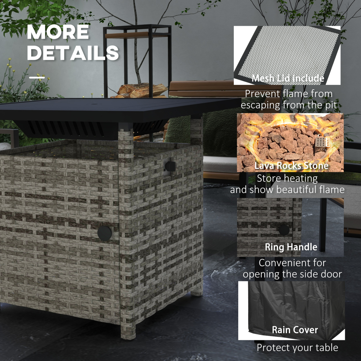Outsunny 50,000 BTU Rattan Fire Pits for Garden, Propane Fire Pit Table, Gray