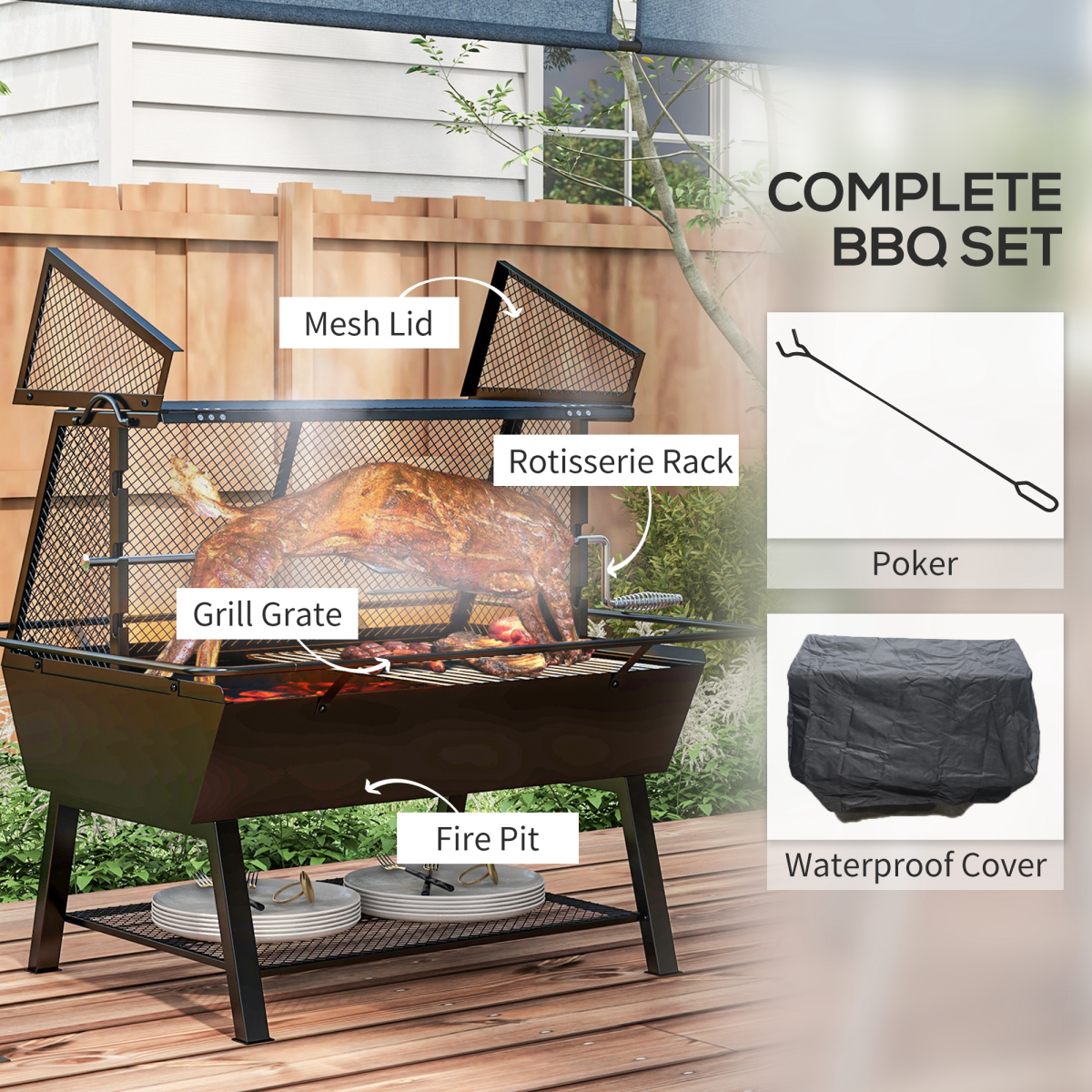 Outsunny 3-in-1 BBQ Rotisserie Grill Roaster Fire Pit for Outdoor Picnic Camping