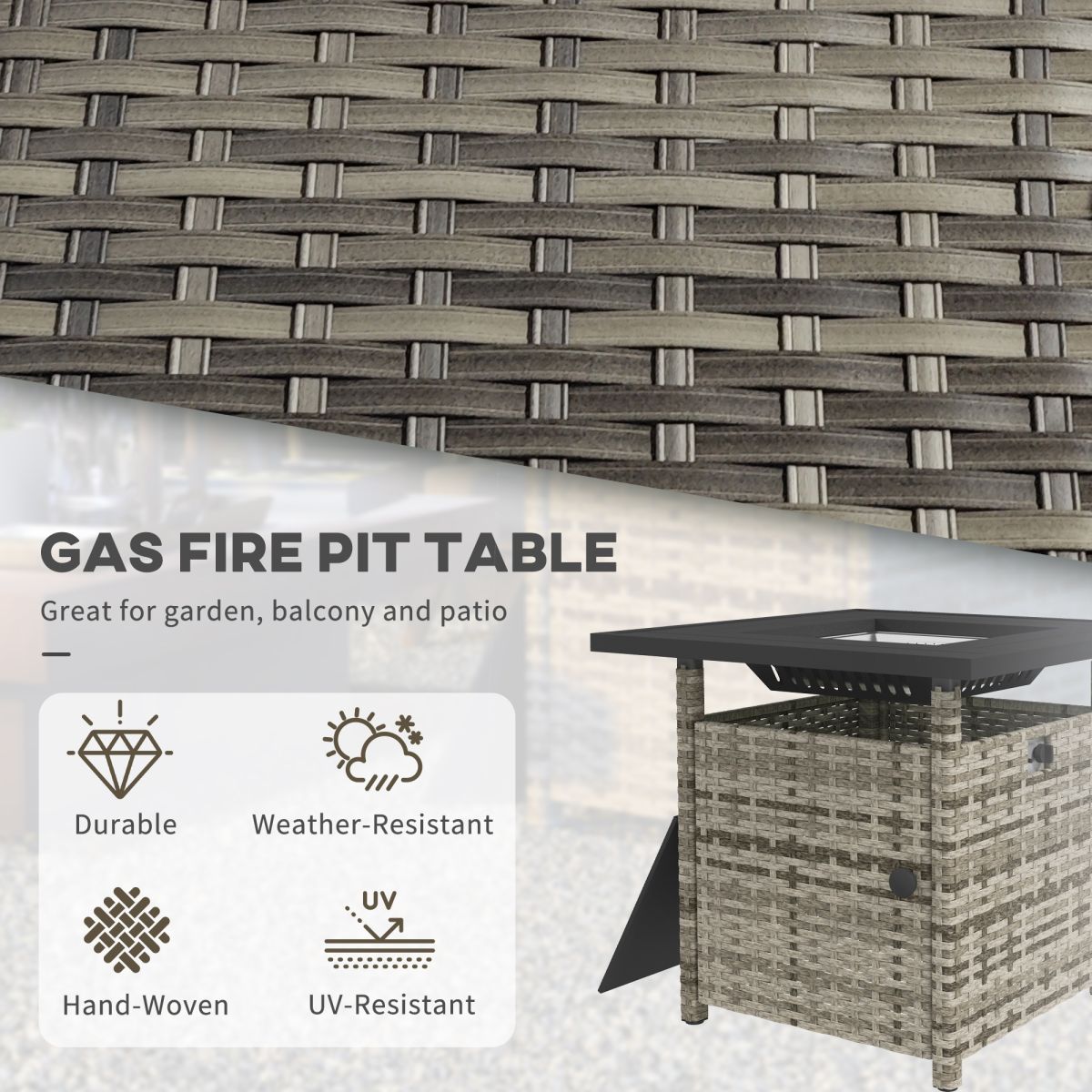 Outsunny 50,000 BTU Rattan Fire Pits for Garden, Propane Fire Pit Table, Gray