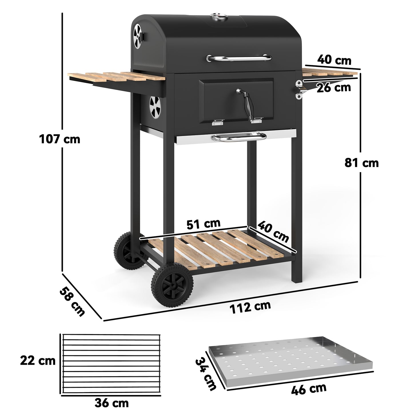 Outsunny Charcoal BBQ Grill with Warming Rack 3 Shelves Temperature Gauge