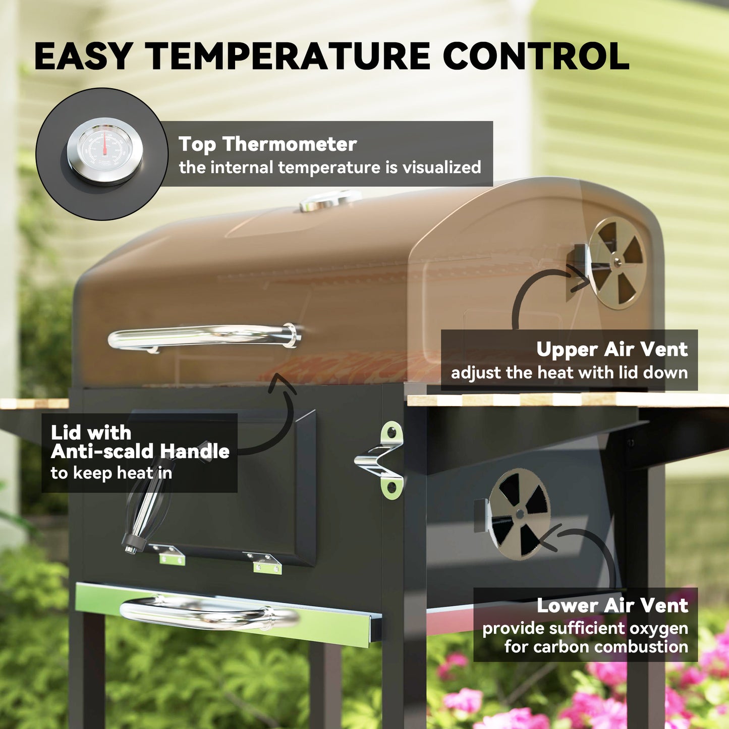 Outsunny Charcoal BBQ Grill with Warming Rack 3 Shelves Temperature Gauge