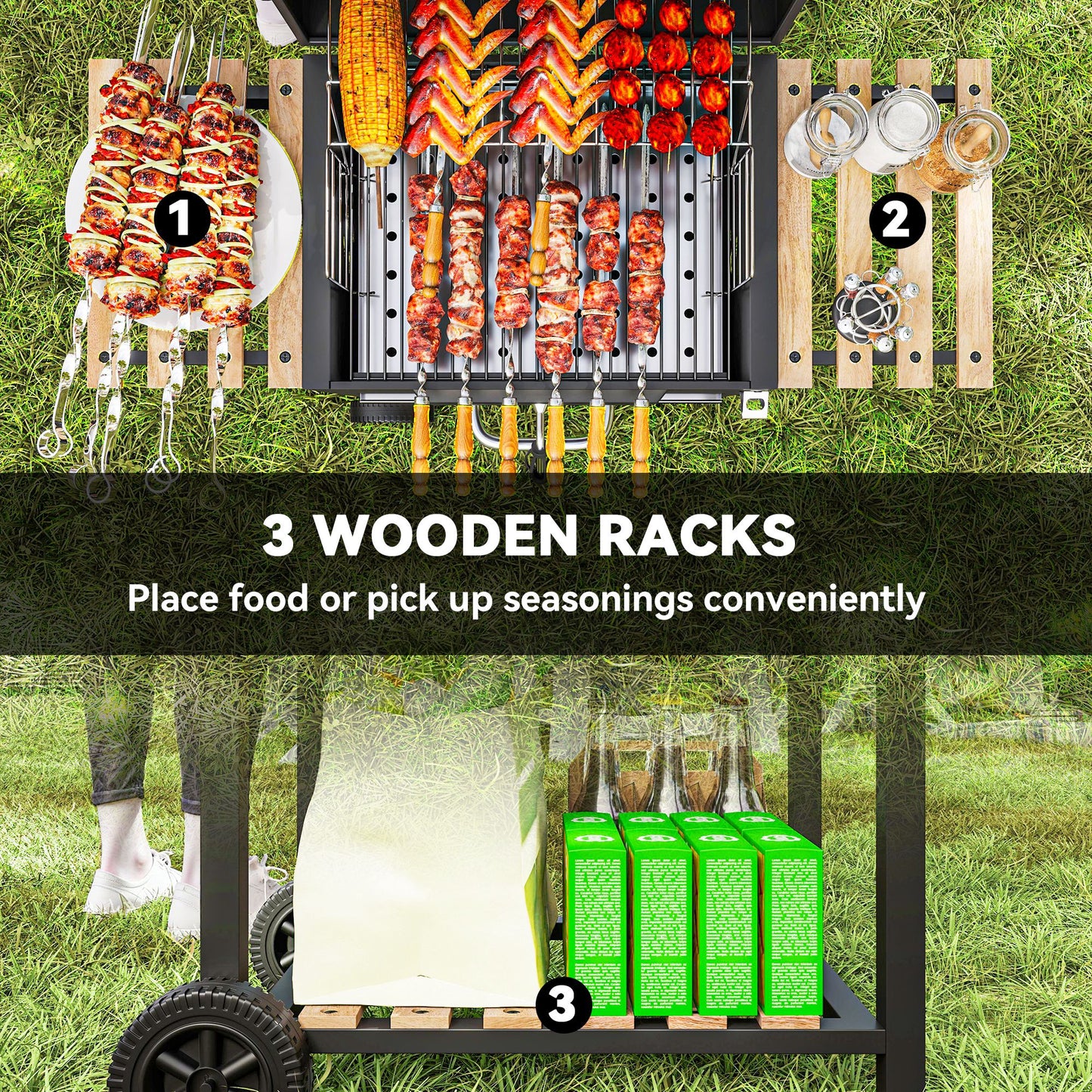 Outsunny Charcoal BBQ Grill with Warming Rack 3 Shelves Temperature Gauge