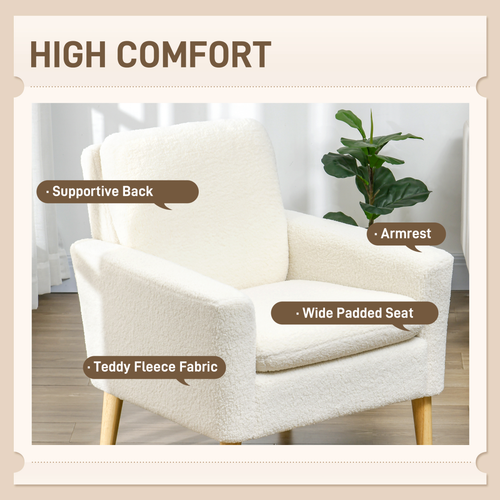 HOMCOM Modern Accent Chair with Wood Legs, Wide Seat, Teddy Armchair, Cream