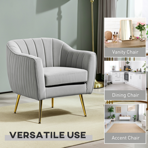 HOMCOM Velvet-Look Shell Shaped Chair with Thick Padded Seat, Gray