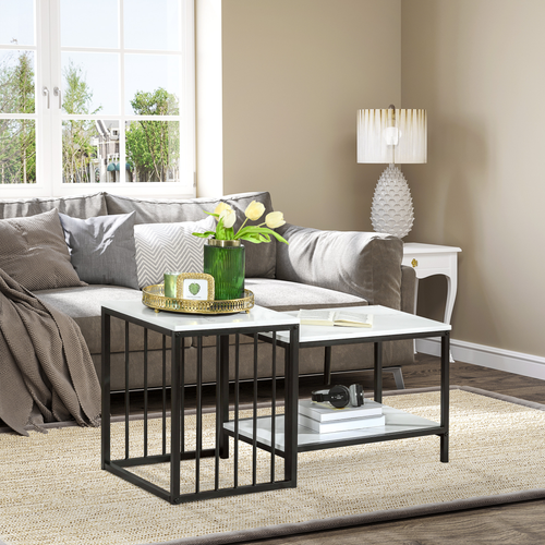 HOMCOM Modern Coffee Table Set of Two Steel Frame Marble-Effect White, Black