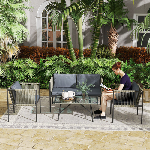 Outsunny 4 Seater Wicker Outdoor Furniture Set with Glass Coffee Table Gray