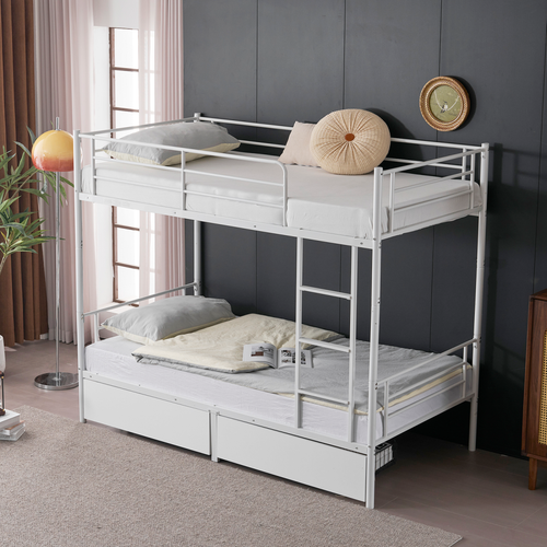 Twin Over Twin Convertible Bunk Bed with 2 Storage Drawers, Metal Bunk Bed Can be Divided Into Two Daybeds, White