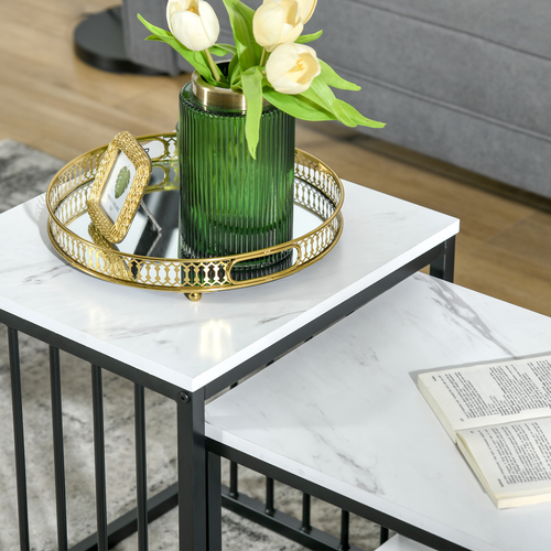 HOMCOM Modern Coffee Table Set of Two Steel Frame Marble-Effect White, Black