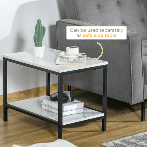 HOMCOM Modern Coffee Table Set of Two Steel Frame Marble-Effect White, Black