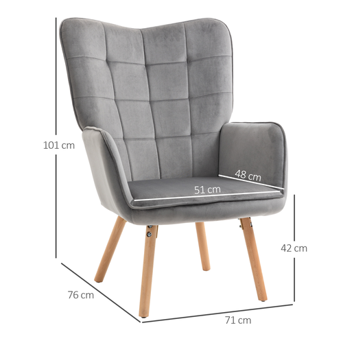 HOMCOM Modern Accent Chair Velvet-Touch Tufted Wingback Armchair Gray