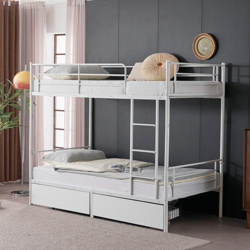 Twin Over Twin Convertible Bunk Bed with 2 Storage Drawers, Metal Bunk Bed Can be Divided Into Two Daybeds, White