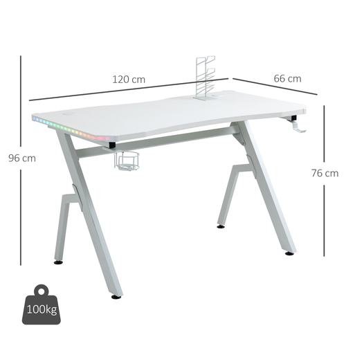 Gaming Desk Racing Style Computer Table RGB LED Lights, Hook, White