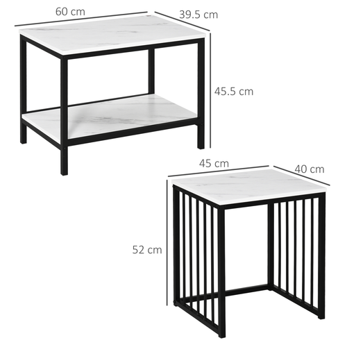 HOMCOM Modern Coffee Table Set of Two Steel Frame Marble-Effect White, Black