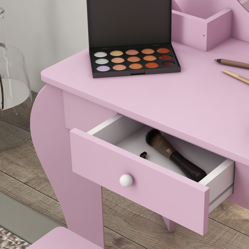ZONEKIZ Kids Dressing Table Cat Design with Mirror Stool, Drawer, Storage Boxes