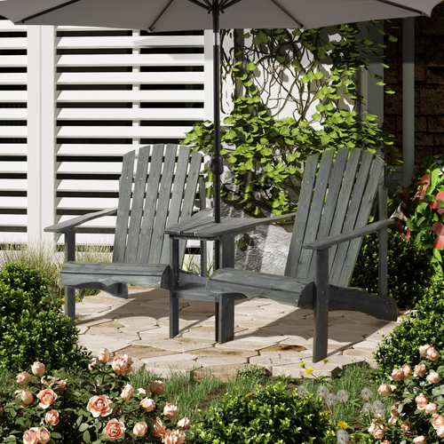 Wooden Double Adirondack Chairs Loveseat & Center Table & Umbrella Hole, Gray