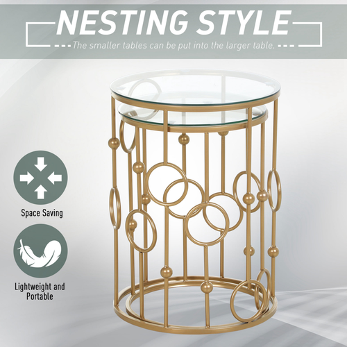 HOMCOM Set of 2 Gold Nesting Coffee Table, Side Tables W/ Tempered Glass Top