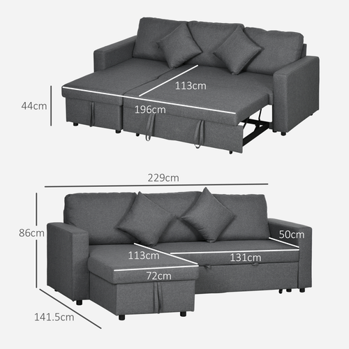 HOMCOM Corner Sofa Bed with Storage, 3 Seater Pull Out Sofa Bed, Dark Gray