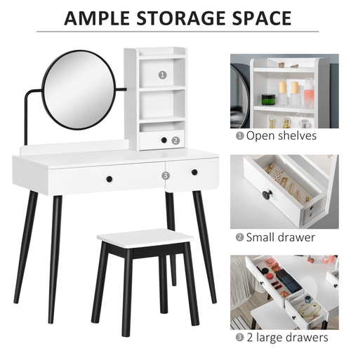 Dressing Table Set with 3 Drawers, Storage shelves and Stool, White