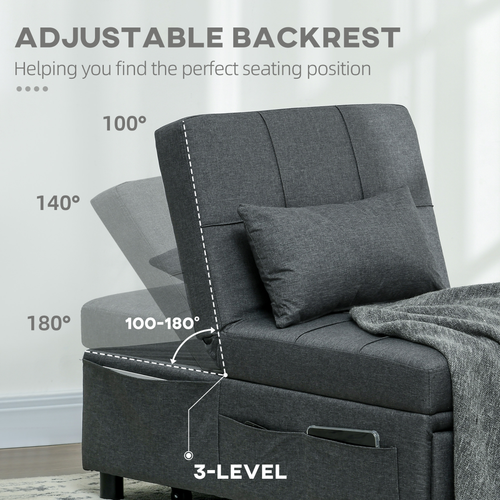 HOMCOM Folding Sofa Bed Adjustable Single Sleeper w/ Pillow Side Pocket, Gray