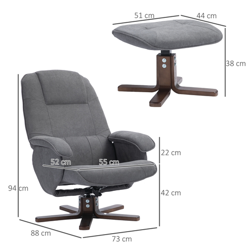 HOMCOM Swivel Recliner Chair and Footstool Linen-touch Fabric Wooden Base, Gray