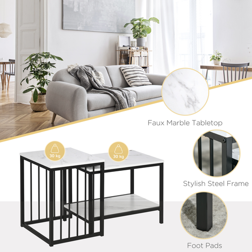 HOMCOM Modern Coffee Table Set of Two Steel Frame Marble-Effect White, Black