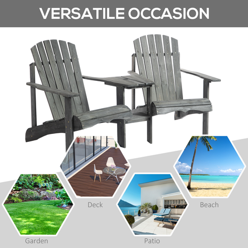 Wooden Double Adirondack Chairs Loveseat & Center Table & Umbrella Hole, Gray
