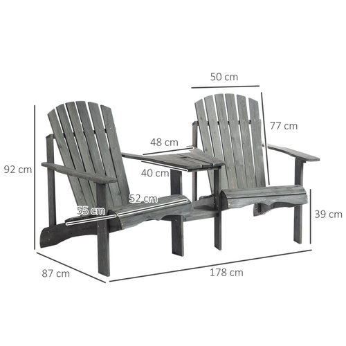 Wooden Double Adirondack Chairs Loveseat & Center Table & Umbrella Hole, Gray