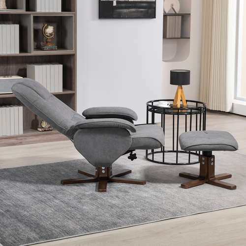 HOMCOM Swivel Recliner Chair and Footstool Linen-touch Fabric Wooden Base, Gray