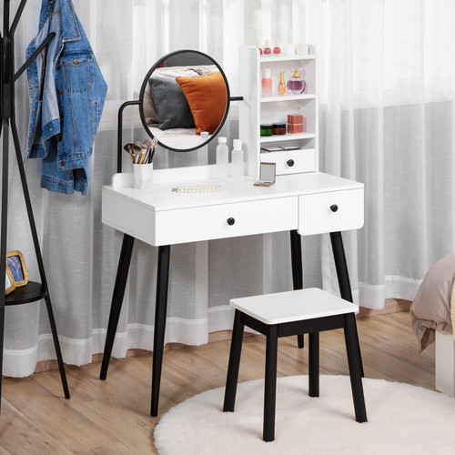 Dressing Table Set with 3 Drawers, Storage shelves and Stool, White