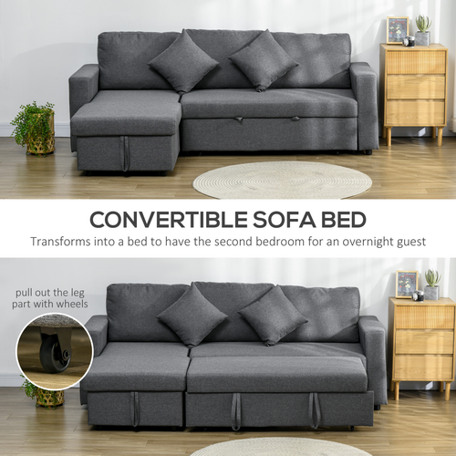 HOMCOM Corner Sofa Bed with Storage, 3 Seater Pull Out Sofa Bed, Dark Gray
