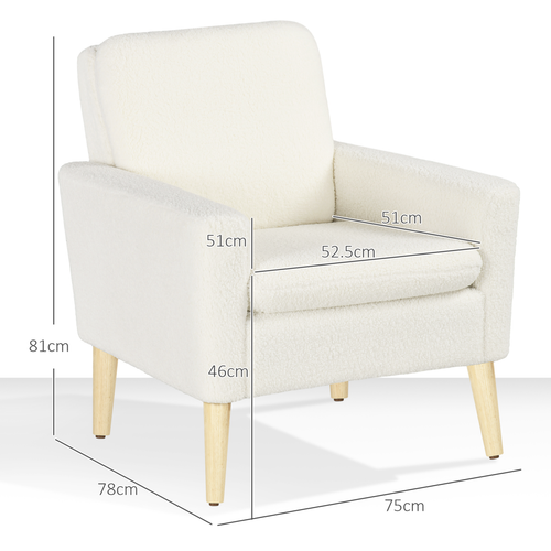 HOMCOM Modern Accent Chair with Wood Legs, Wide Seat, Teddy Armchair, Cream