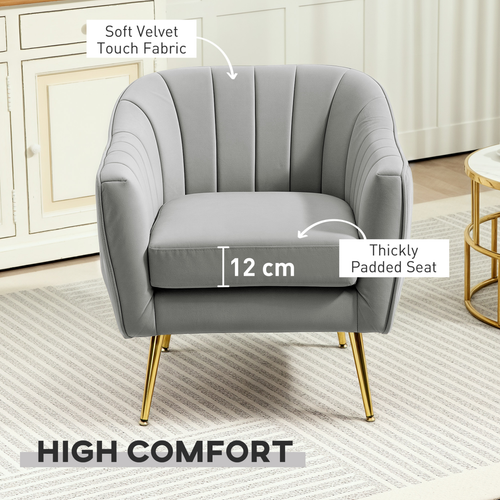 HOMCOM Velvet-Look Shell Shaped Chair with Thick Padded Seat, Gray