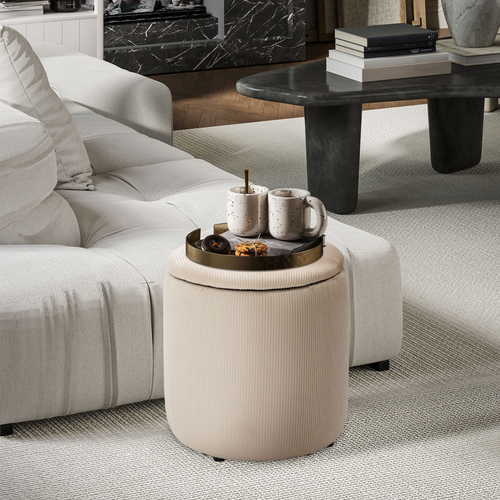 HOMCOM Modern Fabric Storage Ottoman with Removable Lid, Set of 2, Cream White