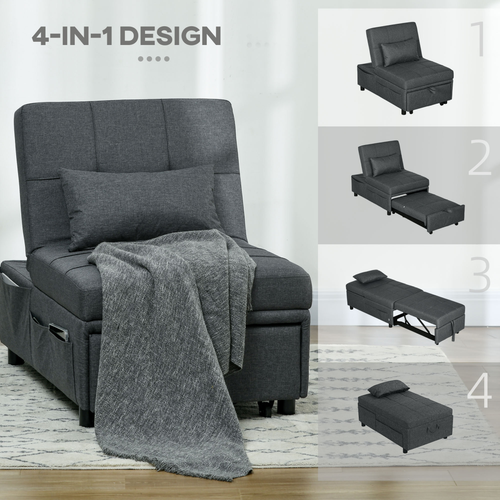HOMCOM Folding Sofa Bed Adjustable Single Sleeper w/ Pillow Side Pocket, Gray