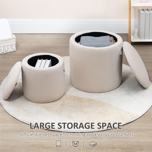 HOMCOM Modern Fabric Storage Ottoman with Removable Lid, Set of 2, Cream White