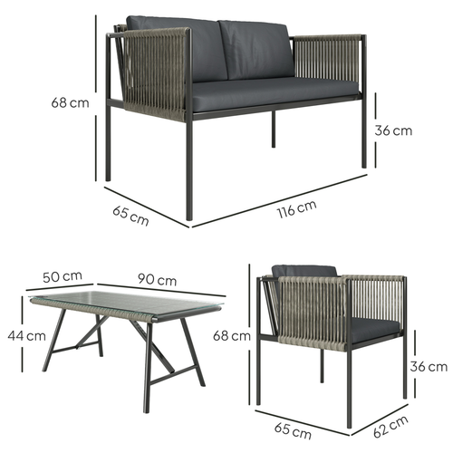 Outsunny 4 Seater Wicker Outdoor Furniture Set with Glass Coffee Table Gray