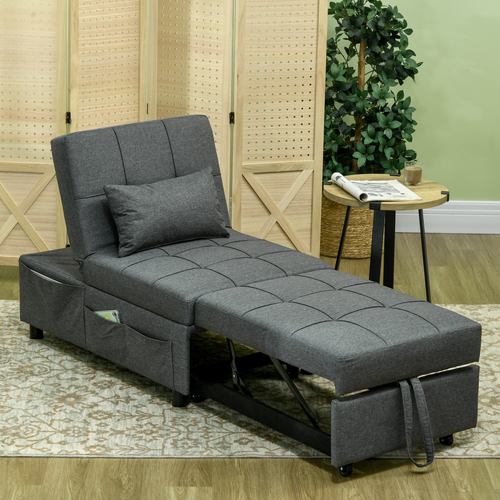 HOMCOM Folding Sofa Bed Adjustable Single Sleeper w/ Pillow Side Pocket, Gray