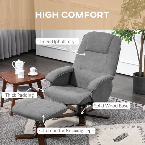 HOMCOM Swivel Recliner Chair and Footstool Linen-touch Fabric Wooden Base, Gray