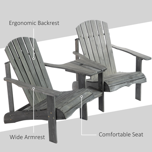 Wooden Double Adirondack Chairs Loveseat & Center Table & Umbrella Hole, Gray